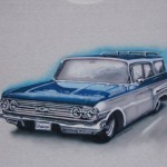 I was commissioned by a client to airbrush his 60's stationwagon on a T-shirt for him. He gave me a few photo references and I airbrushed a T-shirt for him.
