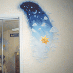 I was commissioned by this client to paint a custom designed mural in their son's bedroom. Each wall had a mural painted on it. The same subject matter different shape per each wall. 