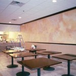 I was commissioned by the ower of a Pizza restaurant to paint the walls. I used a Faux Texture with a total of 6 colors for the walls. At the counter; on the wall above the counter I painted a Marble Faux Texture with 6 different colors.